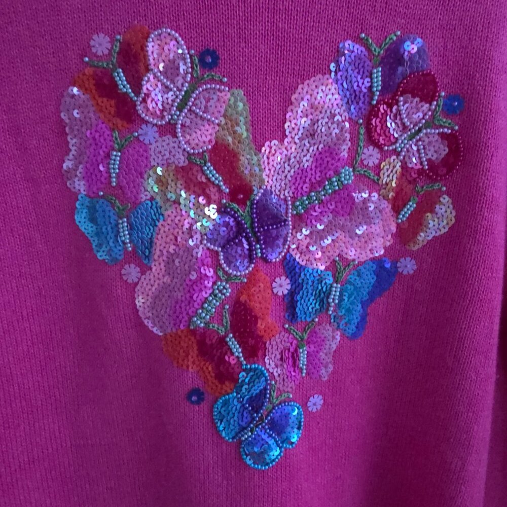 Y2K NWT Pink sequined Butterfly Heart sweater from Quacker Factory - Picture 3 of 7